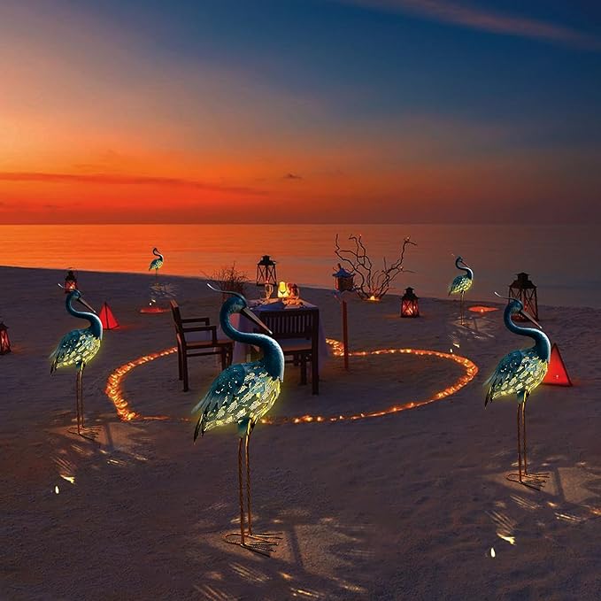 HONGLAND Solar Metal Crane Statue Garden Heron Sculpture, Outdoor Heron Yard Art Coastal Ocean Bird Decor Lawn Ornament for Backyard Porch Patio Decor（30 Inch）