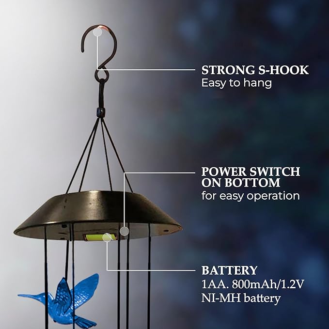Upblend Outdoors Hummingbird Solar Wind Chimes for Outside – Color Changing LED Wind Chimes for Outside, Solar Chimes Outdoor Waterproof – Hummingbird, Blue