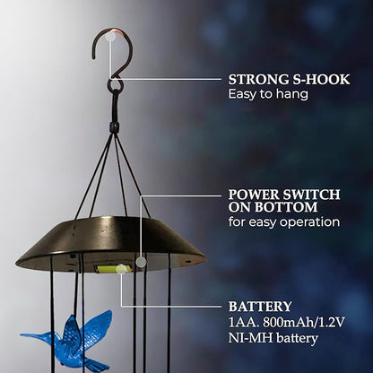 Upblend Outdoors Hummingbird Solar Wind Chimes for Outside – Color Changing LED Wind Chimes for Outside, Solar Chimes Outdoor Waterproof – Hummingbird, Blue