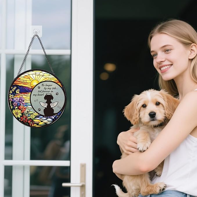 Dog Stained Glass Window Hanging, Animal Catchers Indoor Window Gifts for Loss of Dog Sympathy Remembrance, Angel Wings Pet Loss Bereavement Gift for Home Garden Doors Christmas