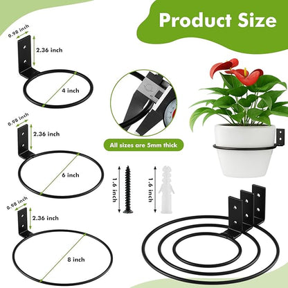 12-Pack 8 Inch Flower Pot Holder Ring Hanging Plant Holder Wall Mount Metal Plant Hangers Indoor Outdoor Planter Hooks Brackets for Patio, Garden, Home, Matte Black