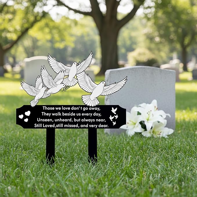 13 Inch White Doves Memorial Garden Stake - Metal Grave Decorations for Cemetery - Sturdy Thickened Peace Dove Plaque with Olive Branch, Sympathy Gift for Loss of Loved One(Dove)