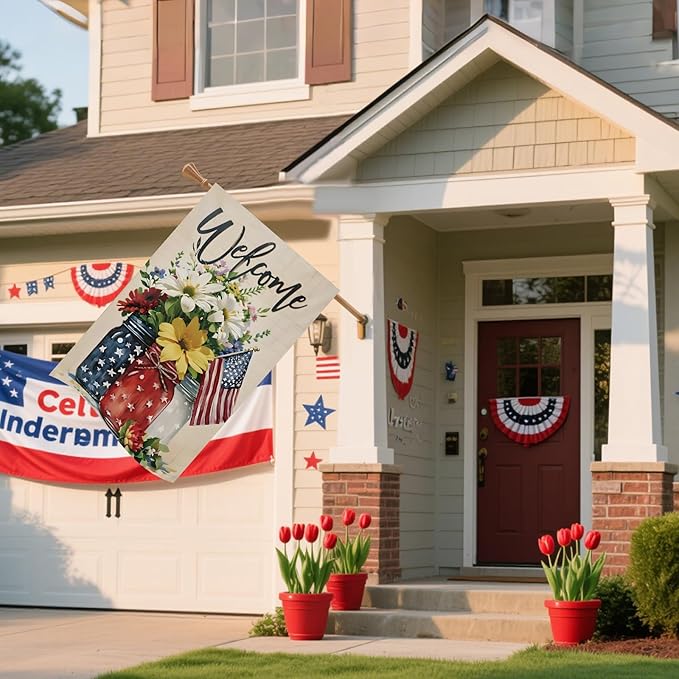 4th of July Mason Jar Flowers Summer Garden Flag 28x40, Patriotic Celebration Double-Sided Decorative Burlap Yard Flag for Memorial Day Independence Day Outside Decoration Holiday Festivities