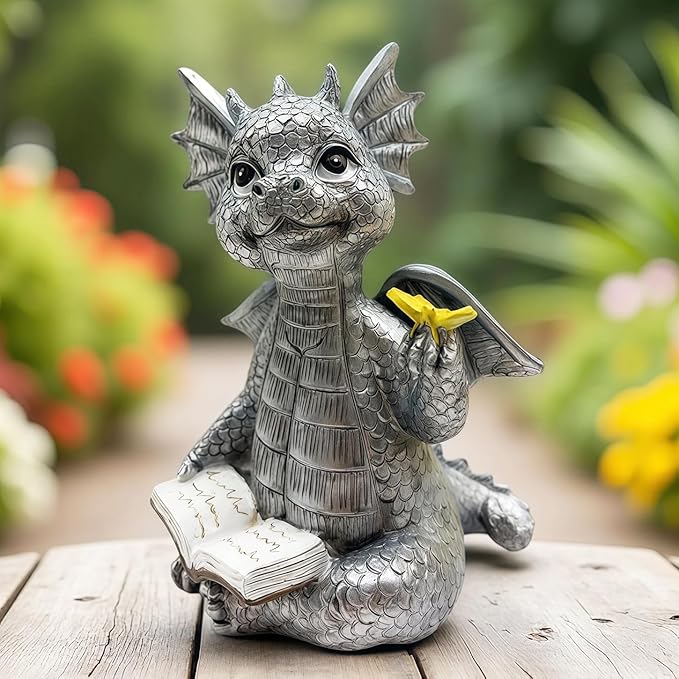 Cute Dragon Reading Book Statue, 5.9-Inch Tall Dinosaur Holding Butterfly Figurines Art Resin Sculpture Outdoor Garden Decor Home Desk Ornaments