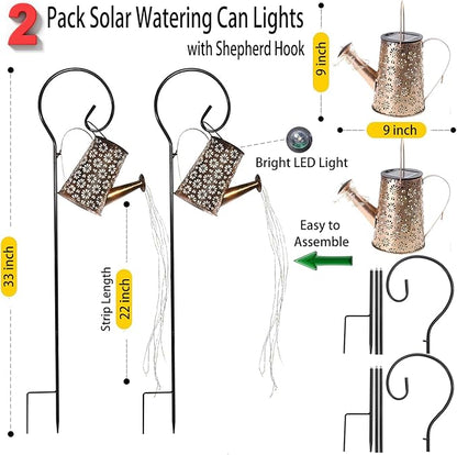2 Pcs Solar Watering Can Lights, Hanging Solar Waterfall Lights Waterproof Outdoor Garden Decor Yard Art for Porch Landscape Patio, Gardening Gifts for Mom Grandma Women