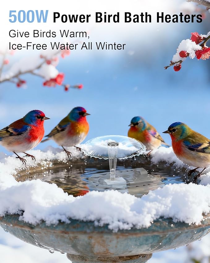 500W Bird Bath Heater with Fountain, Outdoor Cast Aluminum Submersible De-Icer with Thermostat, Birds Bath Water Heater for Winter, Chicken Waterer & Pond Heater with 9.8 Ft Cord