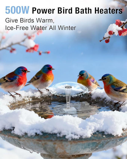 500W Bird Bath Heater with Fountain, Outdoor Cast Aluminum Submersible De-Icer with Thermostat, Birds Bath Water Heater for Winter, Chicken Waterer & Pond Heater with 9.8 Ft Cord