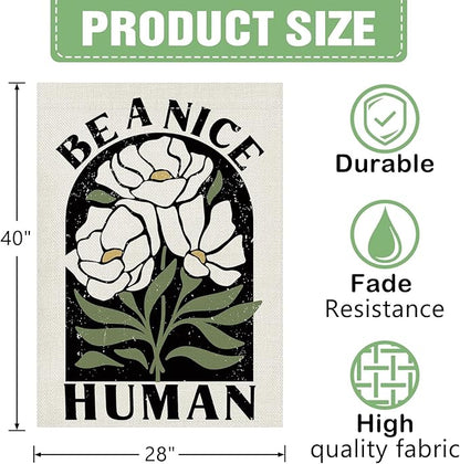 Dyrenson Inspirational Flower 28 x 40 House Flag Double Sided, Motivational Be A Nice Human Floral Garden Yard Decoration, Spring Summer Burlap Outdoor Decor Decorative Large Flag