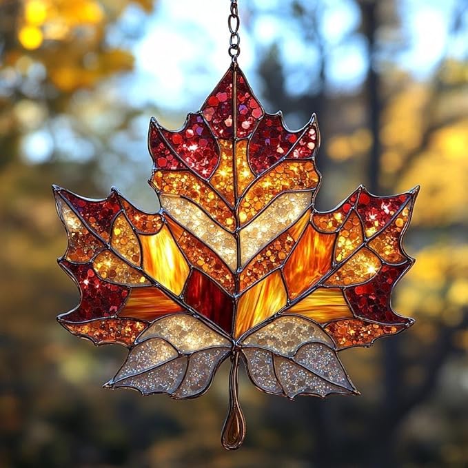 Hanging Stained Glass for Windows, Maple Leaf Set of 4 Suncatcher Ready to Hang Window Doors Home Decoration,Valentine's Day Ornaments Festival Gift