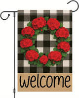 Buffalo Plaid Welcome Wreath Garden Flag Red Geranium Flower Flag 12x 18 Inch Double Sided Spring Outdoor Fall Autumn Farmhouse Outdoor Small Decor for Porch Lawn Patio Yard