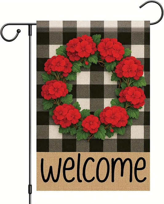 Buffalo Plaid Welcome Wreath Garden Flag Red Geranium Flower Flag 12x 18 Inch Double Sided Spring Outdoor Fall Autumn Farmhouse Outdoor Small Decor for Porch Lawn Patio Yard