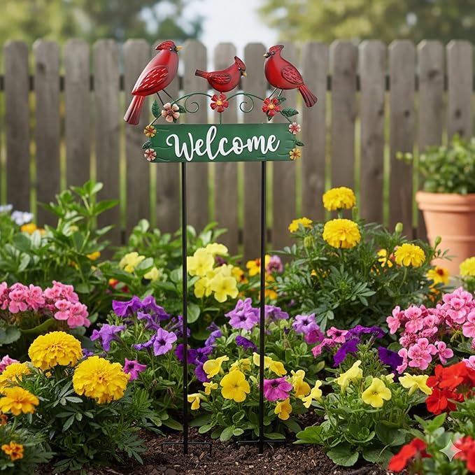 42.5inch Cardinal Garden Stake with Welcome Yard Sign and Metal Flowers for Outdoor Garden Decor, Cardinal Yard Decor for Outdoor Lawn Ornaments