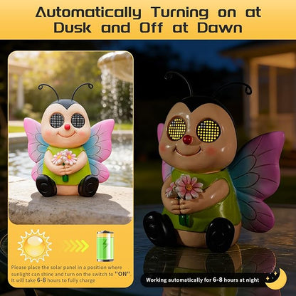 Garden Statues Bee with Solar Moving LED Eyes Outdoor Animal Figurines Decorations for Patio Yard Lawn Ornaments Gifts for Birthday Easter Housewarming (Bee)