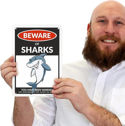 SmartSign Funny Beware Of Sharks Warning Sign - 10"x7", 40 mil Laminated Rust-free Aluminum - Metal Signs for Boys Room Wall Decor, Outdoors, Patio, Gifts, Cafe - Sharks Theme, Made in USA
