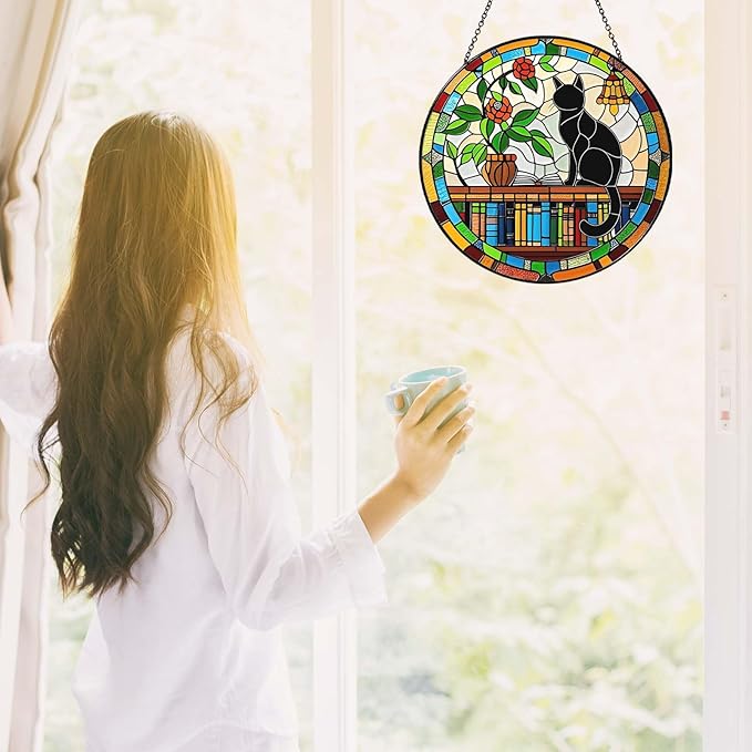 Cat Sun Catcher Stained Glass Window Hanging 9.8'', Book Lover Gifts for Women Book Wall Decor Handmade Sun Catcher Black Cat Sitting On Bookshelf Decoration for Home Room Housewarming Gifts