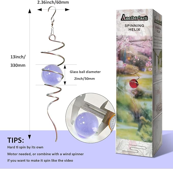 Aoedelyart Gazing Ball Spiral Decorative Wind Spinner Tail Sun Catcher 11inch Tail and 2 inch Glass Orb.Wind Spinner Stabilizer Indoor Outdoor Garden Decoration,Garden Gift-13 inch Height (Purple)