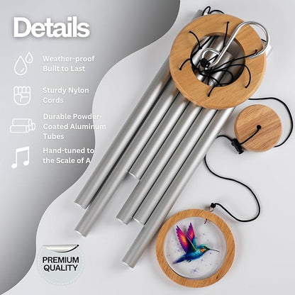 Wind Chimes for Outside, Wind Chimes Outdoor Clearance, Deep Tone Outdoors, Hummingbird Wind Chime, Memorial, Sympathy Gift, Patio, Porch, Home Décor, Modern, Acrylic Art, Silver (34" Hummingbird)