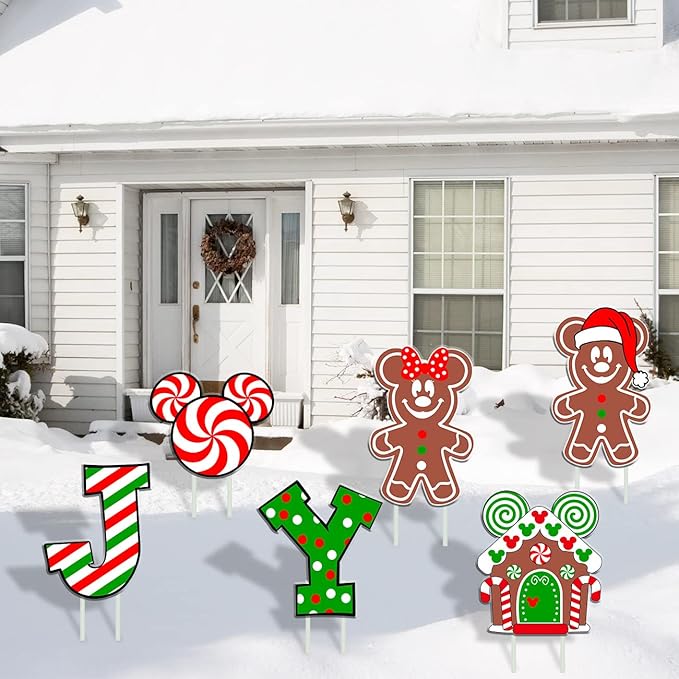 6Pcs Candy Outdoor Mouse Gingerbread Yard Signs - Candy Cane Peppermint Decorations - Waterproof Lawn Signs for Pathway Walkway Decor