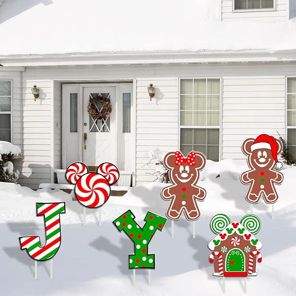 6Pcs Candy Outdoor Mouse Gingerbread Yard Signs - Candy Cane Peppermint Decorations - Waterproof Lawn Signs for Pathway Walkway Decor