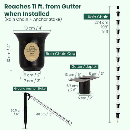 Copper Rain Chain 9 FT, 11 FT Installed with Anchor Stake and Gutter Adapter, Durable Heavy Duty Rain Chains for Gutters for Heavy Rain, Rust Resistant, Outdoor Decor for Homeowners