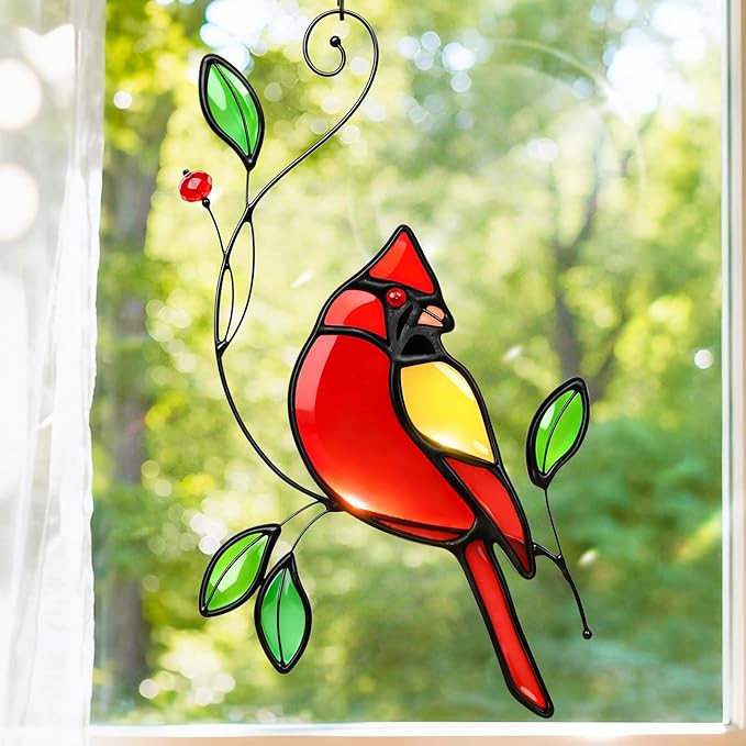 Cardinal Stained Glass Window Hanging for Mother's Day, IDEA SHOW Red Cardinal Suncatcher, Real Glass Window Hanging Ornament, Handmade Bird Home Decor Memorial Gift for Women, Mom, Bird Lover