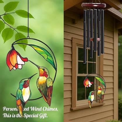 Personalized Metal Wind Chime Garden Sign, 40 Inch Outdoor Colorful Bird & Flower Memorial Decor, Yard Hanging Plaque for Patio Porch Lawn (JSTY364)