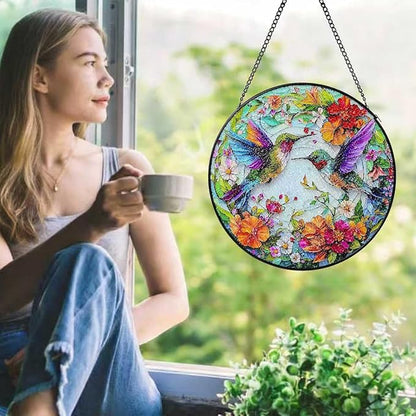 Stained Glass Window Hanging Hummingbird Sun Catcher Indoor and Outdoor, Window Garden Decor Art, Stained Glass Suncathers, Hummingbird Gifts for Women,Mom, Grandma and Wife 7.8’’ Green