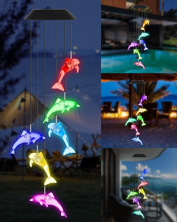 DOUBLEZHE Solar Wind Chimes for Outside, Color Changing Dolphin Wind Chime Outdoor Clearance, Birthday Gifts for Mom Women Grandma Wife Girls, Unique Garden Decor Colorful Patio Yard Party Decoration