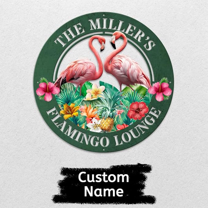 MeMate Flamingo Metal Sign, Outdoor Décor for Backyard, Patio, Pool, Kitchen, Lounge, Personalized Name Outdoor Sign, Pink Metal Sign Housewarming Gift for Family Friend