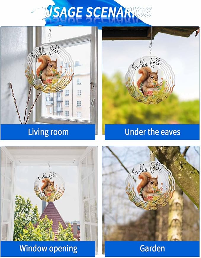 Stainless Steel Wind Spinner for Yard Garden Decoration, Watercolor Hand Drawn Floral Sunflower Squirrel Round Wind Sculpture Spinner 3D Crafts Hanging Ornaments for Indoor Outdoor, 8 Inch