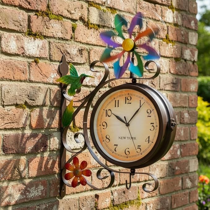 Vintage Indoor Outdoor Clock - Silent Non-Ticking, Double Sided Wall Clock with Windmill Decor Waterproof for Garden, Patio, Yard, Farmhouse, Home Décor (Colorful)