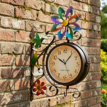 Vintage Indoor Outdoor Clock - Silent Non-Ticking, Double Sided Wall Clock with Windmill Decor Waterproof for Garden, Patio, Yard, Farmhouse, Home Décor (Colorful)