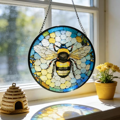 Ice Crack Bee Stained Glass Window Hanging, Bumblebee on Honeycomb Suncatchers for Windows Hanging Ornament for Home, Mother's Day Birthday Gift for Mom Grandma (8""/20cm)