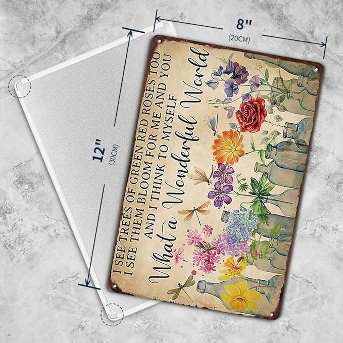 YOYI ART Dragonfly and Flowers Metal Tin Sign, What a Wonderful World I See Trees of Green Red Roses Too, Funny Garden Signs Wall Decor, Retro Tin Sign Flowers Poster Metal Garden Signs, 12 x 8 inch