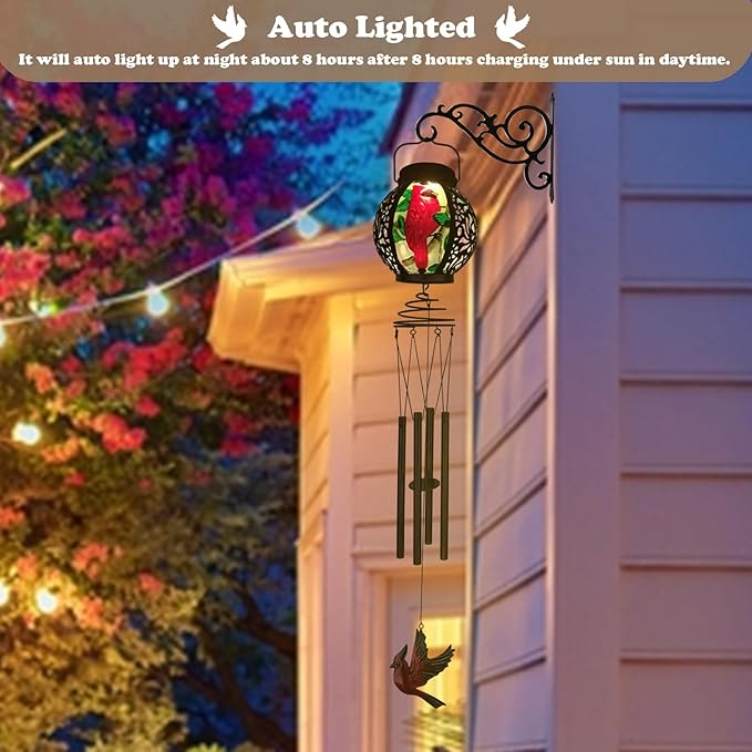 Solar Wind Chimes for Outdoor, Cardinal Garden Decorations Memorial Wind Chimes Deep Tone, Sympathy Windchimes with Detachable Solar Lanterns for Outside Garden Décor, Gifts for Mom, Grandma-Cardinal