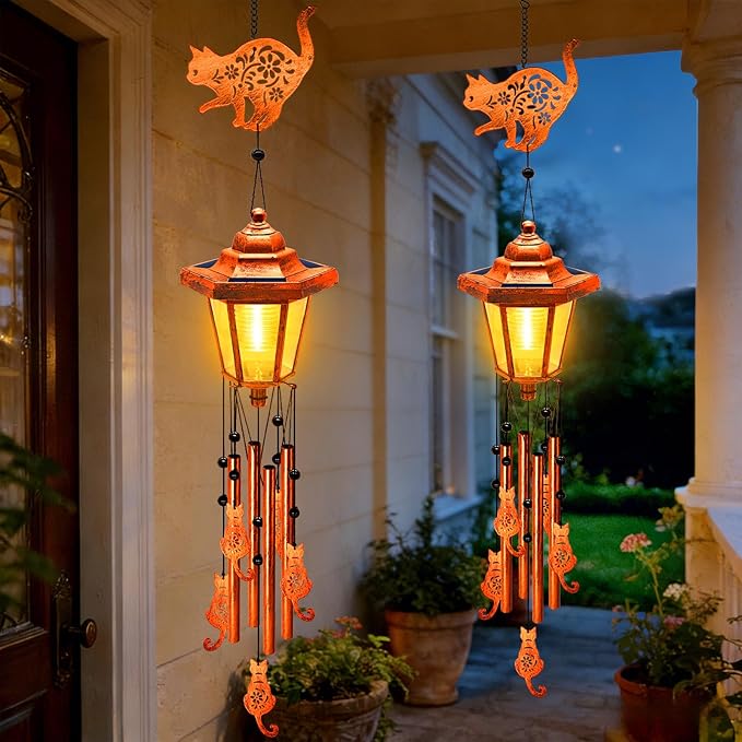 Cat Solar Wind Chimes for Outside, Birthday Gifts for Mom Women Grandma Mother's Day Memorial, 34-Inch Windchimes with Wind Spinner, Outdoor Hanging Solar Lights Waterproof Garden Decor Yard, 2 Pack