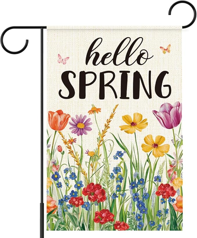Hello Spring Garden Flag for Outside,Spring Wildflower Garden Flag Yard Lawn Porch Flags for Outdoor Decorations 12x18 Inch Double Sided