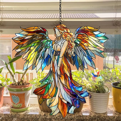 Rainbow Angel Tiffany Style Acrylic Suncatcher Stained Glass Effect Window Car Hanging Christmas Ornament Indoor Outdoor Decor Garden Sun Catcher Panel for Angel Lover for Women Mom Grandma