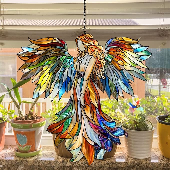 Rainbow Angel Tiffany Style Acrylic Suncatcher Stained Glass Effect Window Car Hanging Christmas Ornament Indoor Outdoor Decor Garden Sun Catcher Panel for Angel Lover for Women Mom Grandma