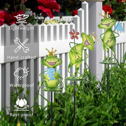 3 Pack Metal Garden Stakes, 14.2" Frog Garden Stakes for Spring Decor, Metal Yard Art for Outdoor & Outside Lawn Patio Pathway Decoration
