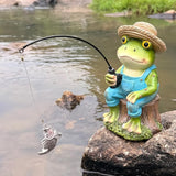 Outdoor Frog Statue Garden Koi Pond Resin Decoration, Frog Decor for Yard 7.1'' Fishing Statue Patio, Lawn Garden Decorative, Fishing Animals for Waterfalls or Koi Pond Additioanl, Gifts for Mom