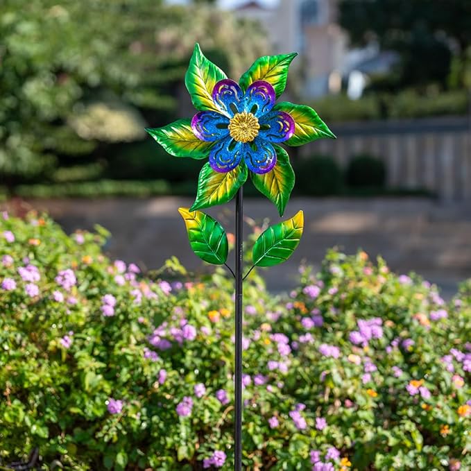 Wind Spinners Outdoor,13'' Dia Metal Flower Pinwheels,Waterproof Wind Sculpture with Metal Stake,Wind Spinner for Outdoor Patio Decor
