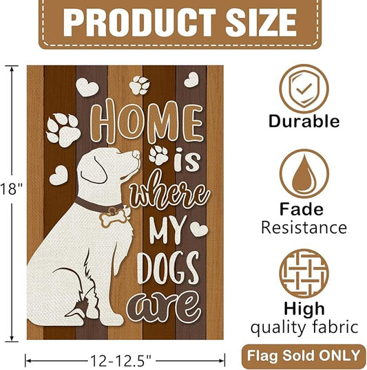 Dyrenson Home is Where My Dogs are Decorative Garden Flag, Pet Paw Print Yard Outside Home Decorations Dog Lover Gifts, Farmhouse Rustic Burlap Outdoor Small Decor Double Sided 12 x 18