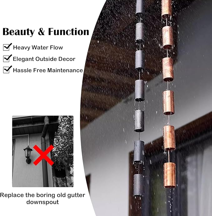 Copper Rain Gutter Chains for Eaves Drainage, Outside Rain Chimes Rainwater Collector, Garden Ornament Rain Chains Downspouts, 6 Cups/m (Copper 3.5m (11.5ft))