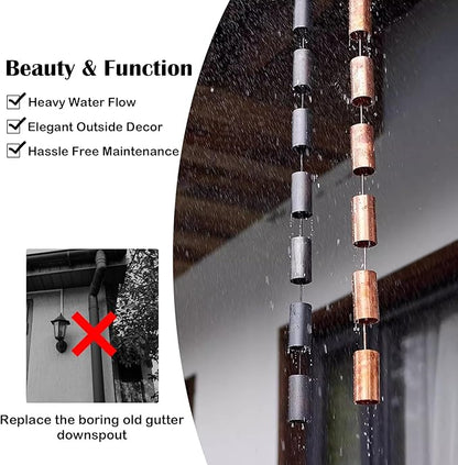 Copper Rain Gutter Chains for Eaves Drainage, Outside Rain Chimes Rainwater Collector, Garden Ornament Rain Chains Downspouts, 6 Cups/M,Black-24m (8ft)