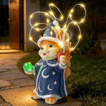 HUYIENO Solar Garden Statue 9.7" Outdoor Decor with LED Firefly String Lights, Waterproof Solar Powered Figurine for Patio, Yard, Lawn, Porch, Halloween, Housewarming Mom & Birthday Gift Squirrel
