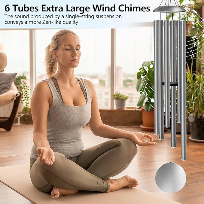 66" Wind Chimes for Outside Deep Tone - 6 Thicken Tubes Large Wind Chimes for Outdoor, Gifts for Valentines Day, Women, Mom, Grandma, Sympathy, Big Windchimes for Garden and Patio (Antique Silver)