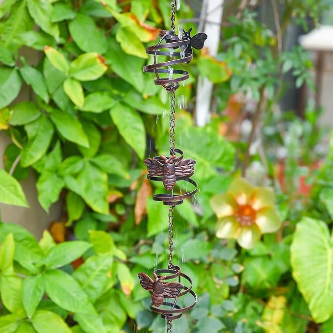 Iron Rain Chains with Bee Spiral, 8-1/2 Feet Length Replacement Downspout for Gutters Outsides, Dark Bronze