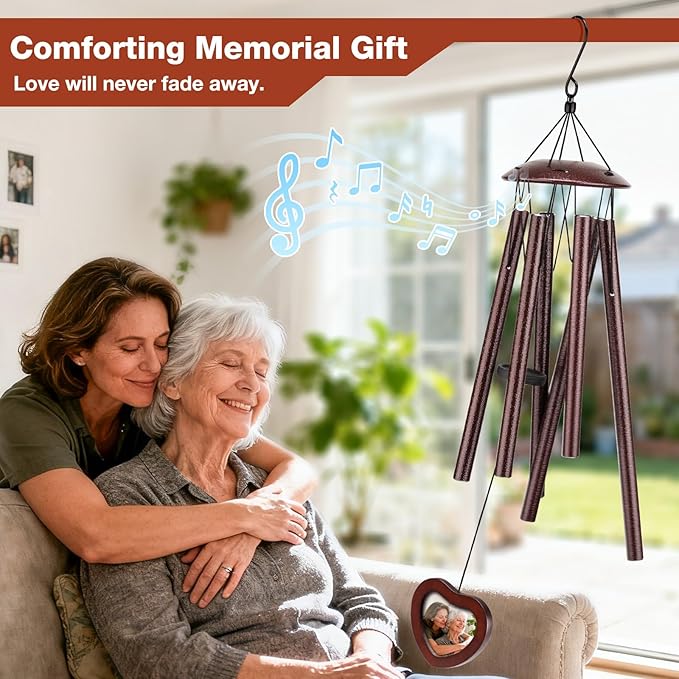 32 Inch Memorial Wind Chime Outdoor, w/Heart Shaped Photo Holder for Bereavement or Pet Remembrance, Wind Chimes for Loss of Loved One, Wind Chimes Outdoor for Porch, Garden, Cemetery - Bronze