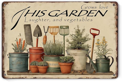Garden Signs for Outside This Garden Grows Love, Laughter, and Vegetables, Funny Metal Signs for Home Garden Patio Yard, Retro Gardening Gifts for Women, Wall Decor 12" x 8"